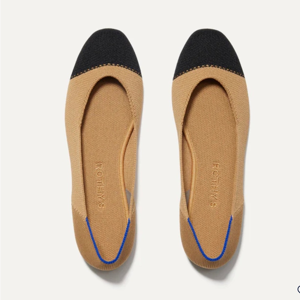 Rothy’s Flats: caramel colored, with black cap toe. Size 12, but fits size 11 US